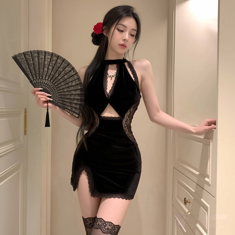 Plus-Size Slit Qipao, Sexy and Alluring Halter Neck, Seductive Mature Style, Backless Deep V, Playful Nightgown, Mood-Enhancing Date Outfit Plus-Size Slit Qipao, Sexy and Alluring Halter Neck, Seductive Mature Style, Backless Deep V, Playful Nightgown, Mood-Enhancing Date Outfit