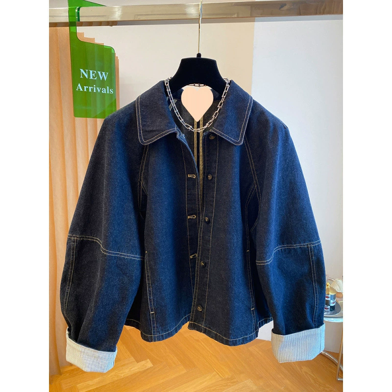 Retro dark blue denim autumn jacket, Korean style, oversize