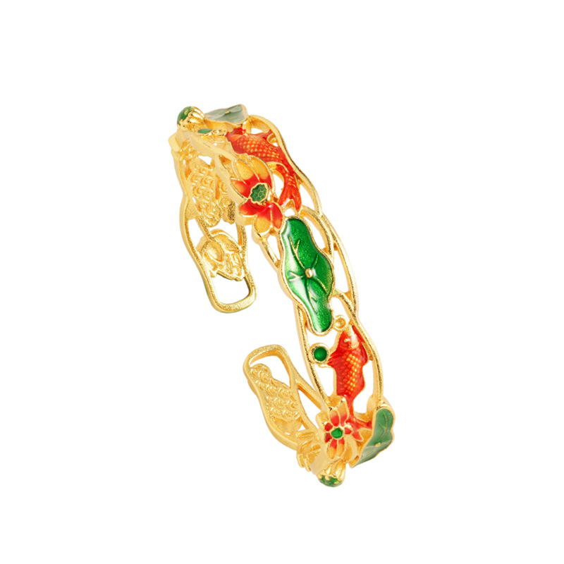 Esmalte Lotus Pond Moonlight pulsera abierta de alto grado de diseño de nicho retro elegante todo fósforo Luz de lujo arena joyería de oro