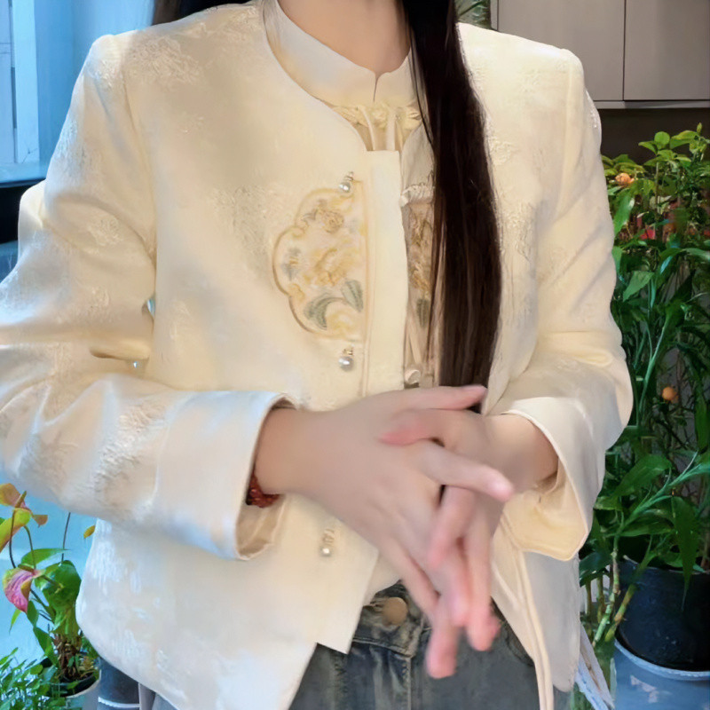 J1D 新中国風刺繍プリントボタン長袖ジャケット女性のための春の新しいスタイル西洋スタイルのニッチ|undefined