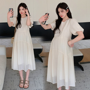 Maternity 2024 Summer New Puff Sleeve Sweet Ruffled Age-reducing Loose Large Size Pregnant Women Dress