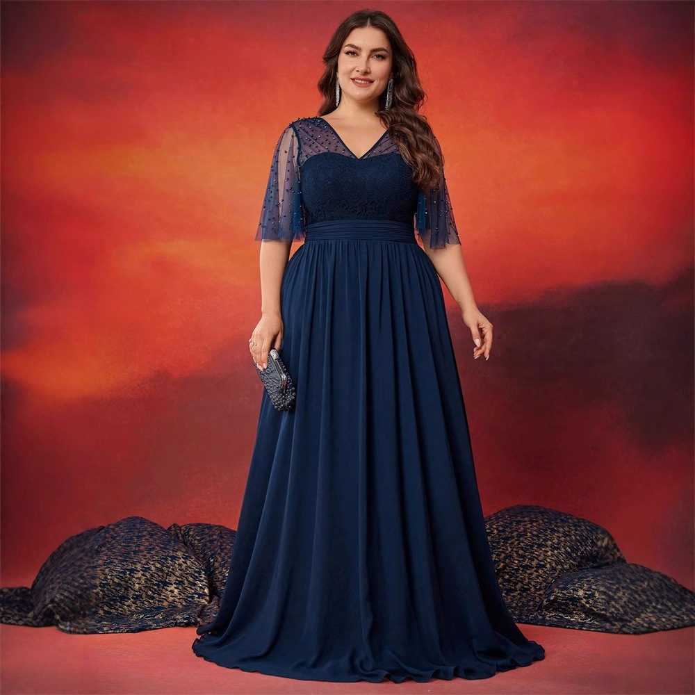 Cross Border Beaded Lace Stitching Chiffon Short Sleeve V-Neck Large A Pendulum Ladies Elegant Fashion Dinner Ball Dress