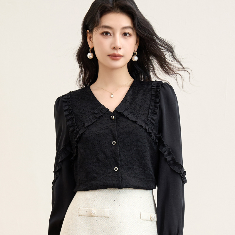 2025秋季新款V领蕾丝衫别致上衣修身显瘦长袖女衬衣9553|undefined