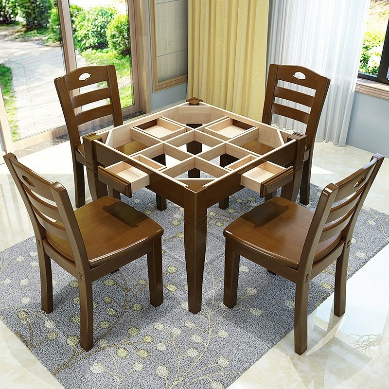 Solid Wood Mahjong Table Simple Hand Rubbed Mahjong Table Dormitory Dining Table Home Use Dual-Purpose Eating Table Multifunctional Chess Table