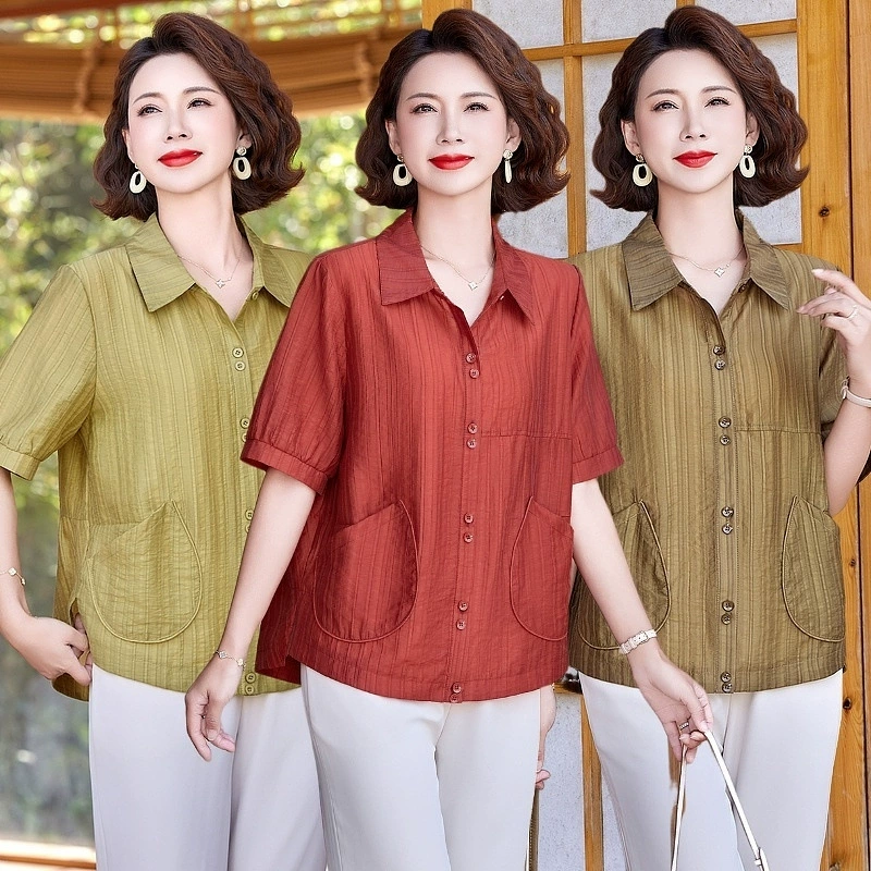 Летняя рубашка для мам среднего возраста, новинка 2025 года, женская рубашка с короткими рукавами для женщин среднего и пожилого возраста, летний повседневный кардиган, топ