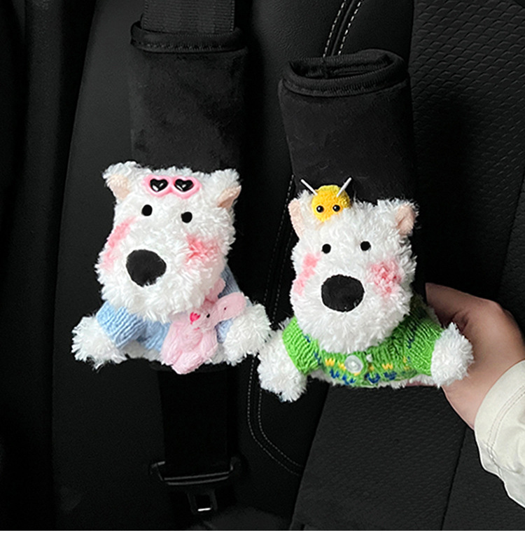 Cartoon Car Seat Belt Shoulder Pad Plush Doll West Highland Sweater French Fries Sunglasses Anti-Lean Soft Protective Cover