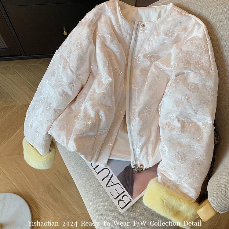 Heavy Sequin Embroider New Chinoiserie down Jacket for Women 2024 Winter New Style National Style Splicing Mink Velvet Jacket