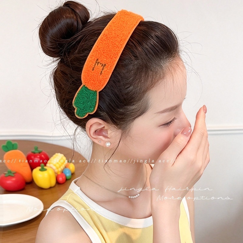 Cartoon vegetable-themed hair clips with Velcro fasteners, forehead hairbands, seamless bangs, and small hair accessories for women and children