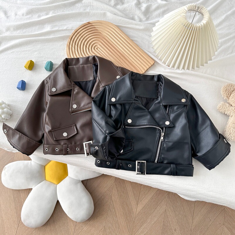 Girls' Korean-Style Leather Jacket, New Spring and Autumn Motorcycle Short Jacket, Fashionable Children's Leather Coat, Baby Jacket 2601