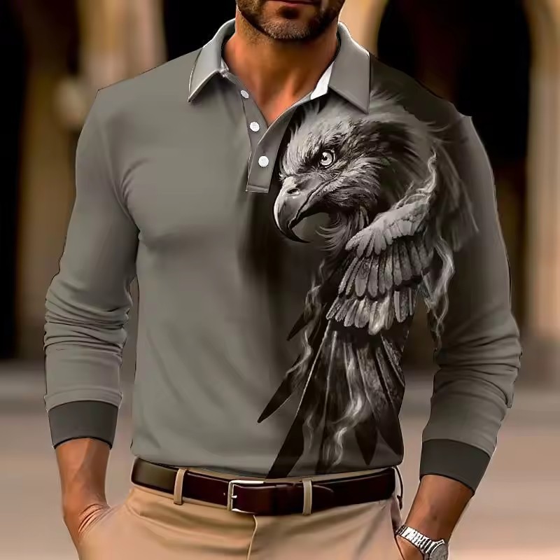 2024 venta caliente águila 3D impresión digital hombres malla suelta transpirable manga larga botones cuello jersey POLO
