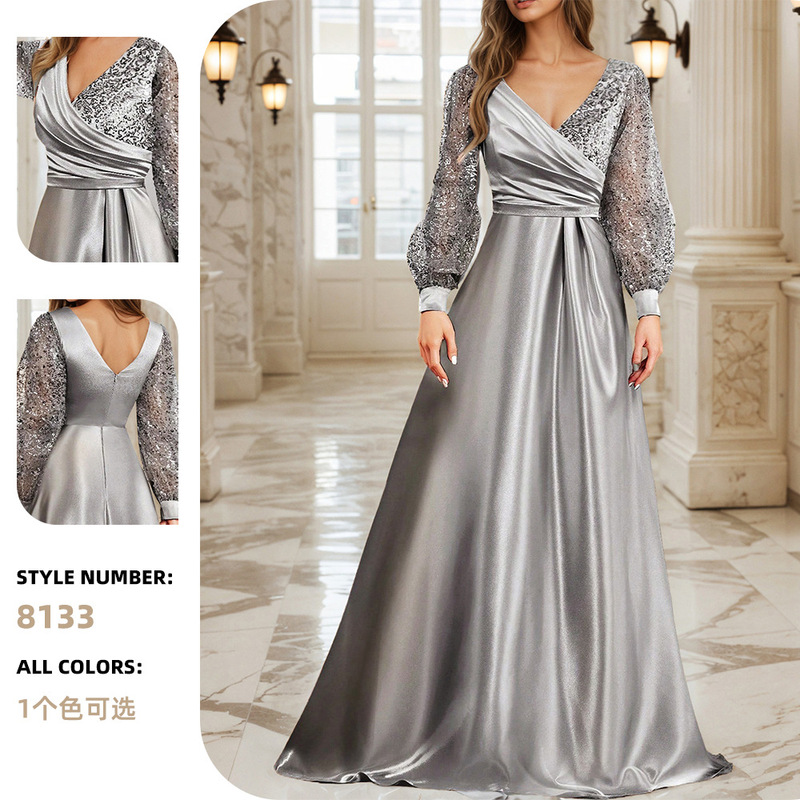 Cross-Border New Sequin Stitching V Neck Lantern Sleeve Ladies Elegant Formal Evening Dress Graduation Dinner Dress for Women