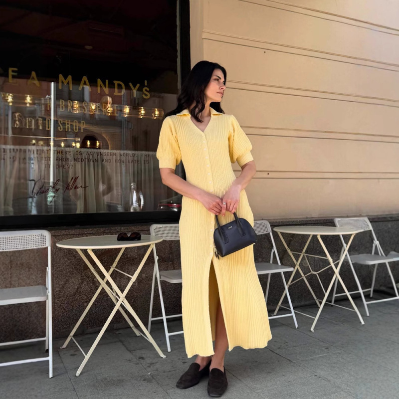 European and American Cross-Border Puff Sleeve Single-Breasted Dress Lemon Yellow Retro Fashion Stretch Knitted Sexy Knitted Skirt