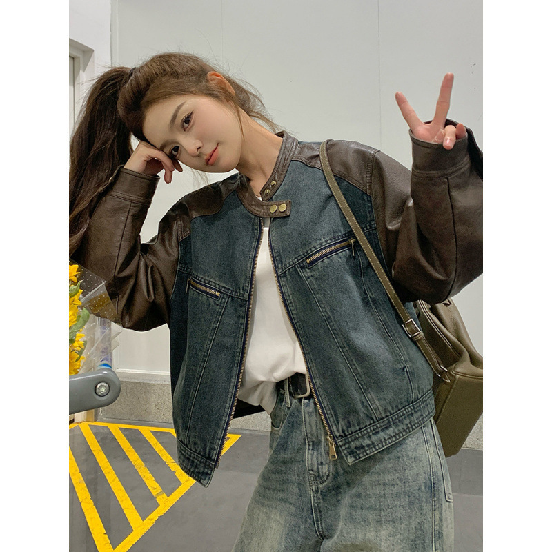 American Retro Denim Patchwork Leather Jacket for Women, New Autumn Style, Trendy Short Jacket for Petite Women This Year