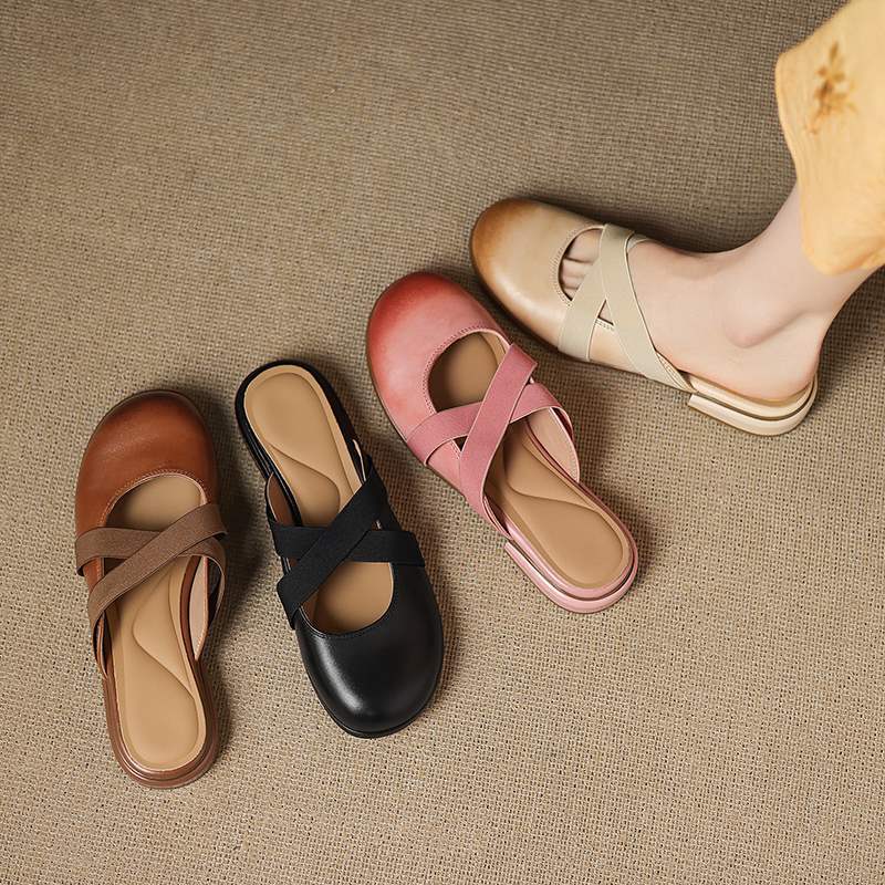 Plaid | 2cm French Toe-Cap Half Slippers for Women Summer Outer Wear Ballet Style Lazy Mary Jane Sandals Flat Slippers