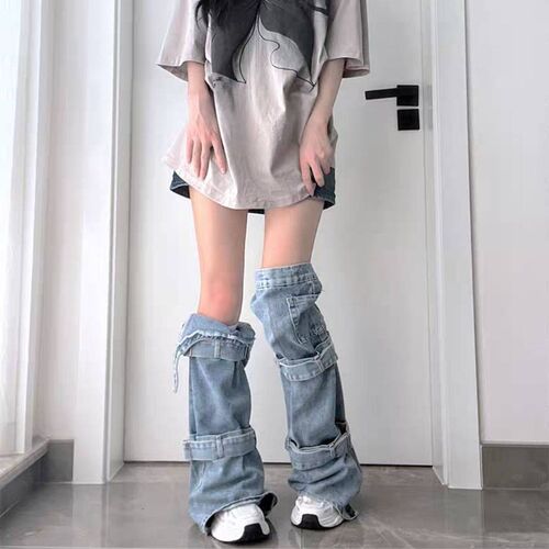 Denim leg covers hot girl subculture niche design stockings y2k personalized straps versatile pile socks trendy