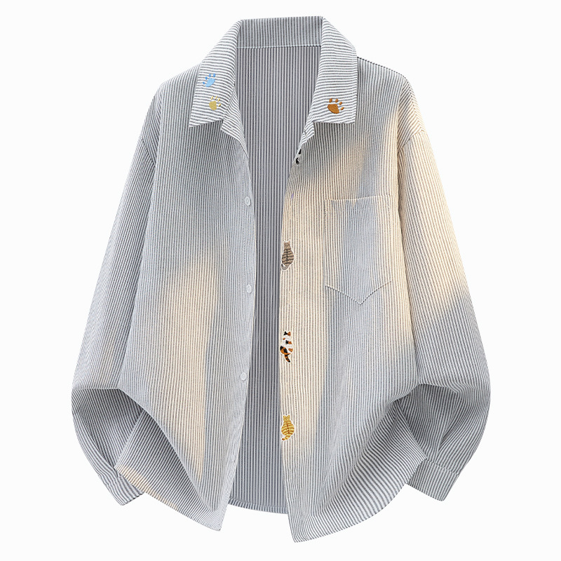 American retro-style casual long-sleeved shirt with a mandarin collar, featuring autumnal embroidery of cute cats, a Japanese-style top for men