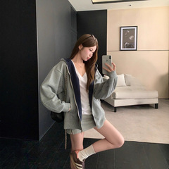 自家工厂现货 美式复古双拉链撞色连帽卫衣宽松休闲慵懒外套上衣
