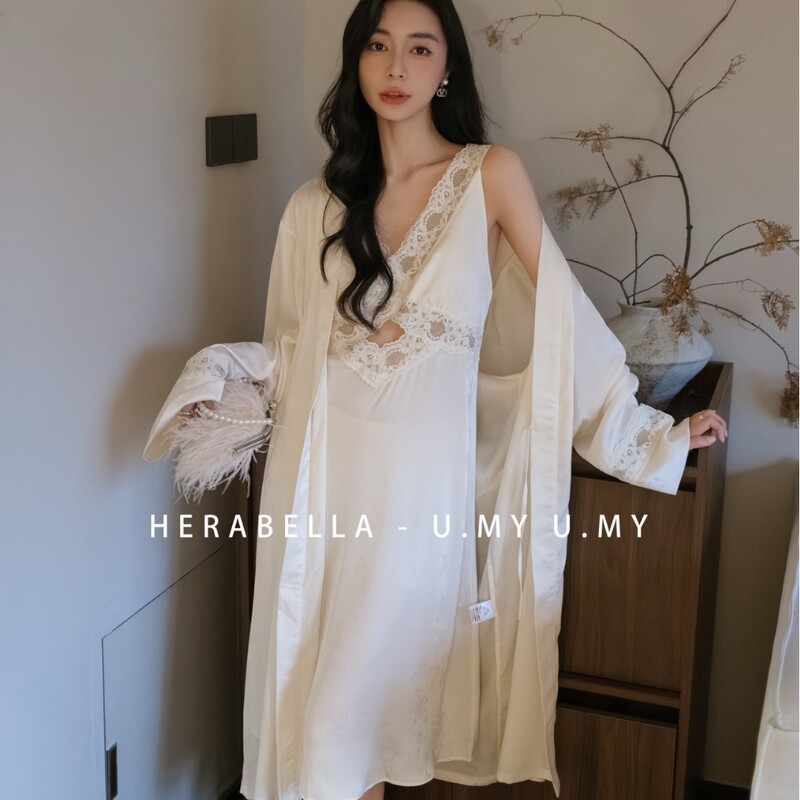 Hera Bella Luxurious and Sexy Lace Trim Jacquard Ice Silk Camisole Nightdress and Robe Two-Piece Pajama Set Hera Bella Luxurious and Sexy Lace Trim Jacquard Ice Silk Camisole Nightdress and Robe Two-Piece Pajama Set