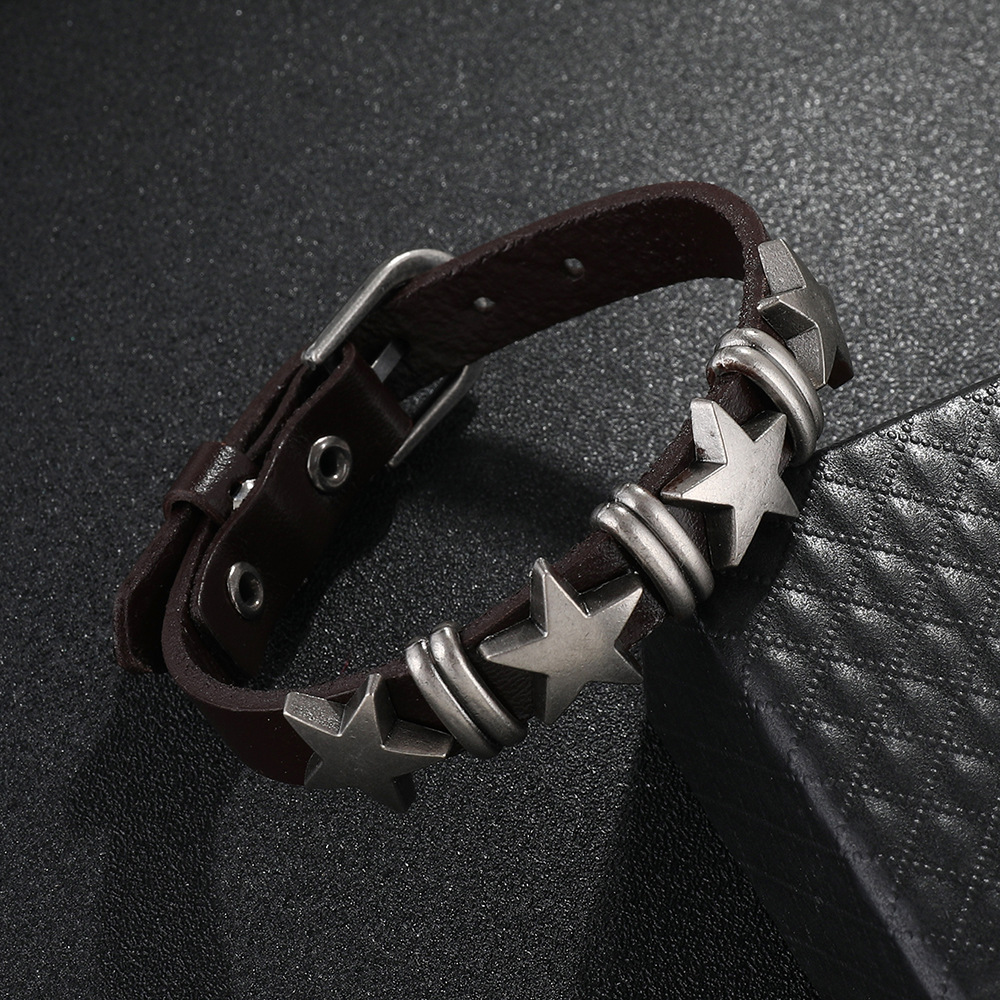 Pulseira de couro com pentagrama para homem estilo punk_voghion.com