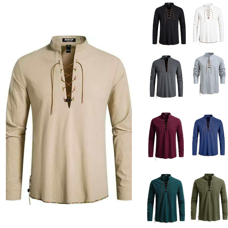 Henry Long-Sleeved Cotton and Linen Shirt for Men, Cross-Border Casual Shirt with Tie Straps, Collarless, Machine Washable