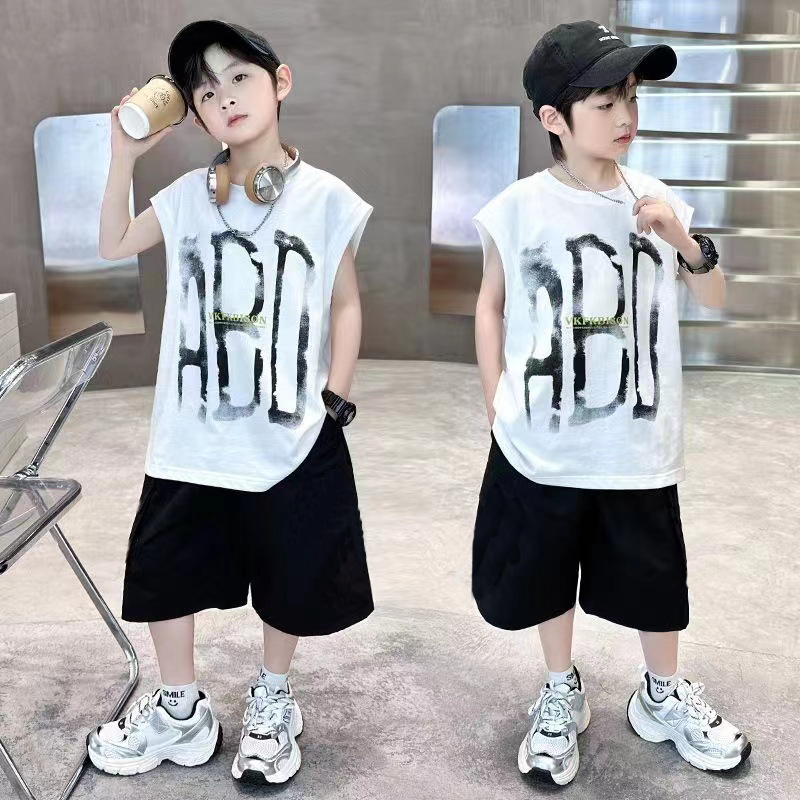 New 2025 Boys' Summer Vest Set Handsome Two-Piece Summer Big Children's Summer Clothes Boys and Children Breathable