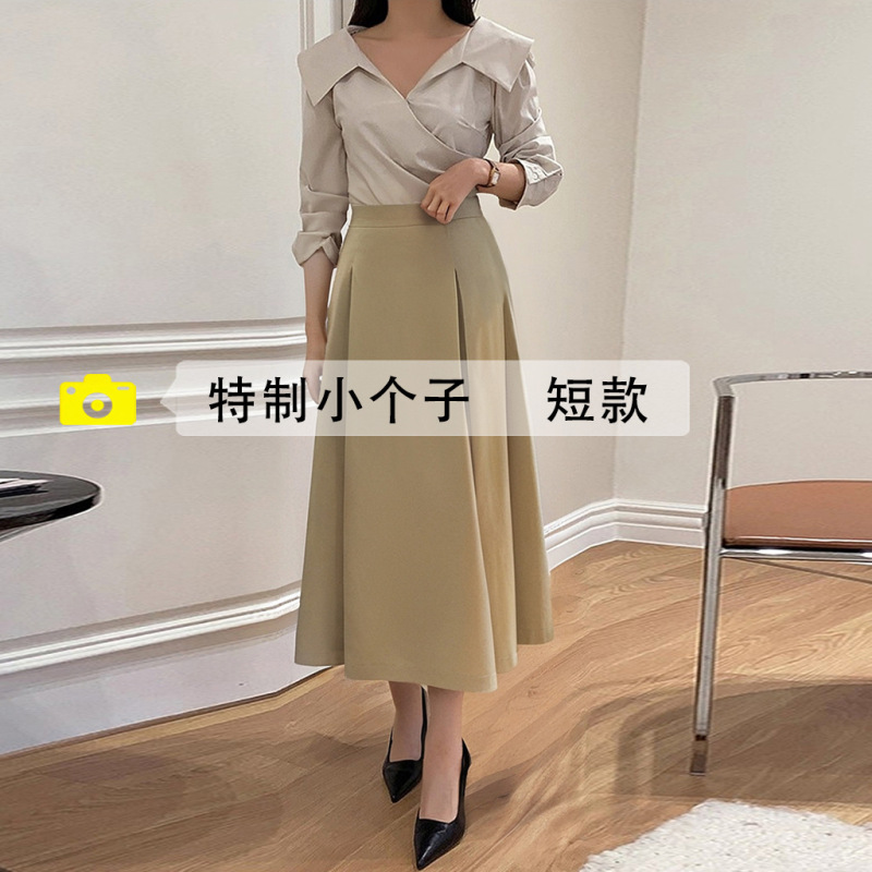 卡其色设计感西装a字裙2025春秋中长高腰伞裙显瘦小个子半身裙女|undefined