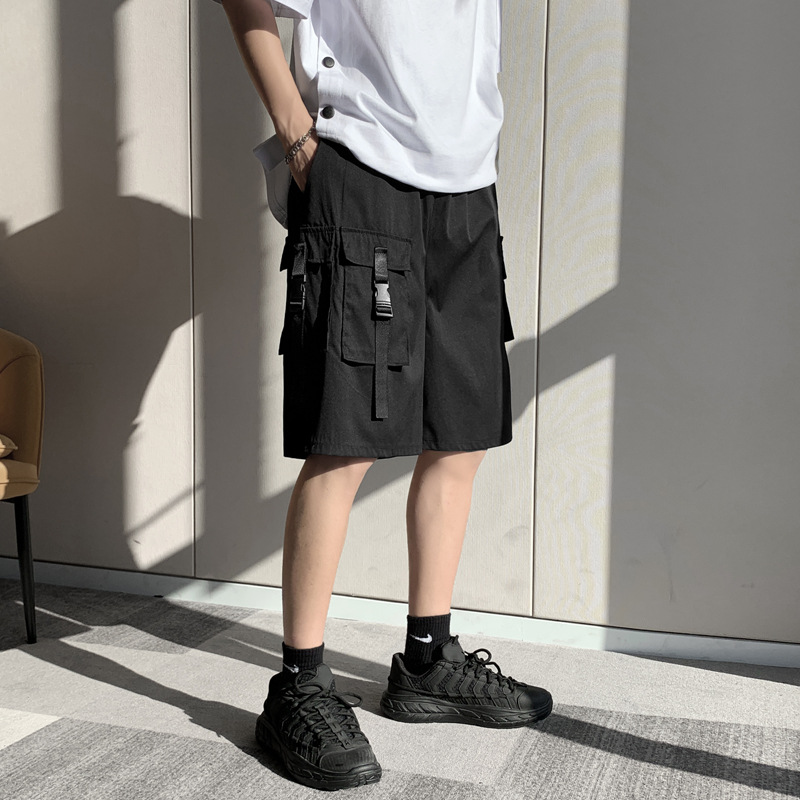 Summer New Korean Style Strap Tooling Shorts Men's Fashionable Loose Casual Five-point Mid-length Pants Multi-pocket Straight Pants