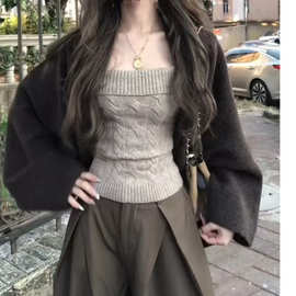 法式复古风套装春季新款绞花显瘦内搭女纯色蝙蝠袖披肩针织两件套
