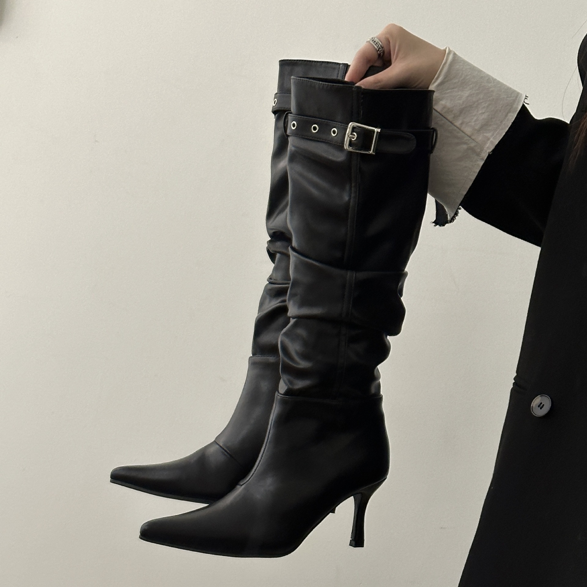 2024 Autumn And Winter New Belt Buckle Pointed Thin Heel Temperament Long Heels Look But Not Over The Knee High Slim_voghion.com