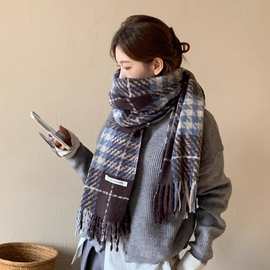 韩版新款高级感格纹仿羊绒流苏围巾女秋冬季保暖百搭披肩围脖情侣