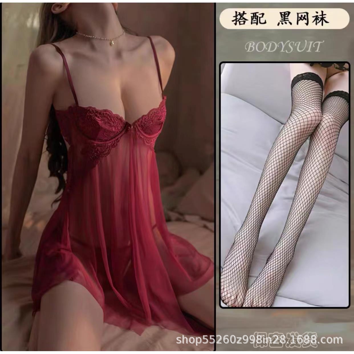 레드 + 블랙 망사 스타킹