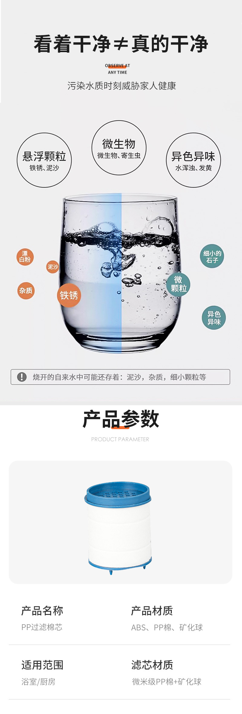 The manufacturer supplies PP filter cotton core micron-level multi-layer filter core accessories, household water pipe heads, fluoride removal water outlet interfaces Application Scenario