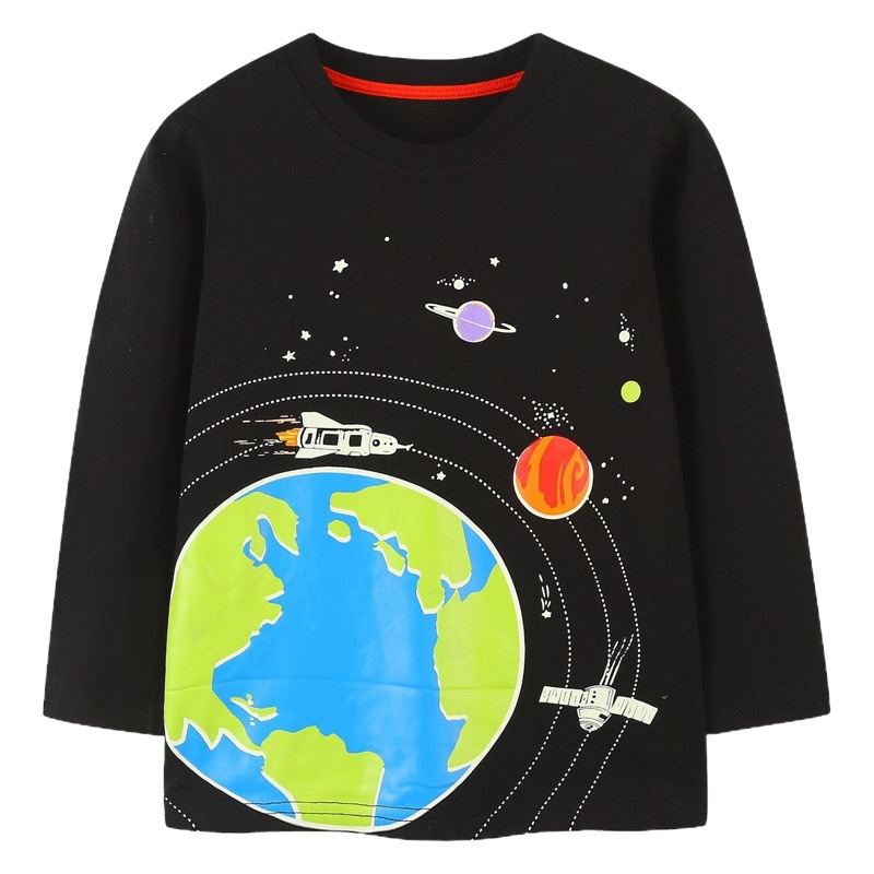 Suministro transfronterizo, nueva camiseta de manga larga de otoño para niños, top con estampado fluorescente espacial de dibujos animados