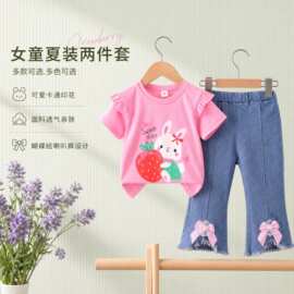 新款女童夏季童装 卡通可爱图案短袖+蝴蝶结牛仔裤二件套装  批发