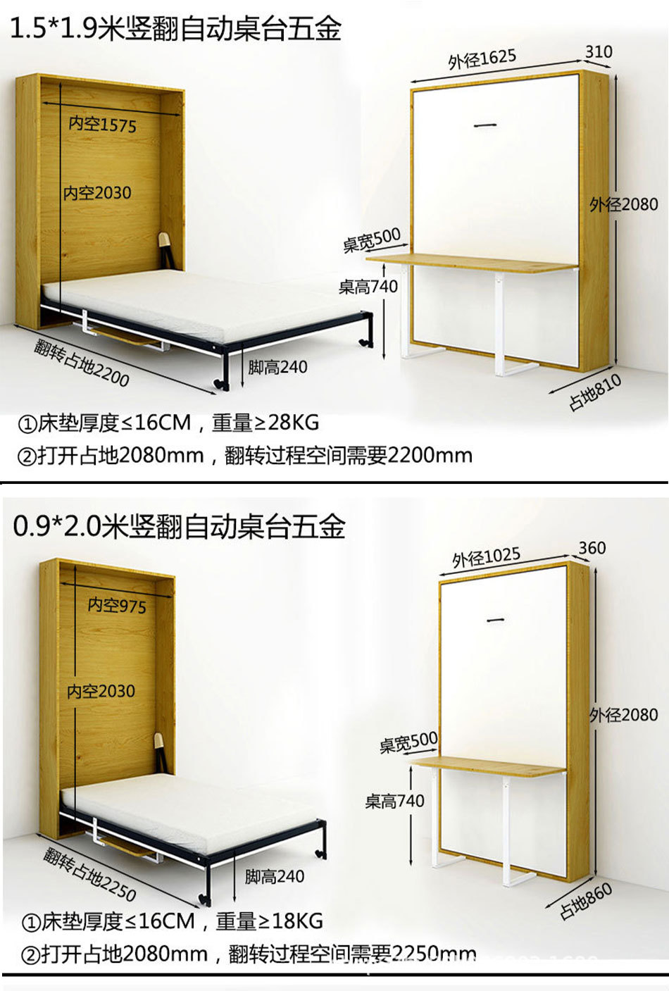 多功能隐形折叠床五金配件单层桌台自动上下翻书桌一体壁床翻板床-阿里巴巴