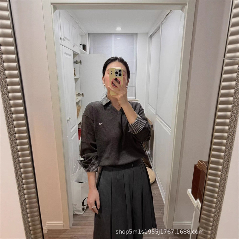 2025秋冬新款韩系假两件拼接衬衫领针织衫女宽松休闲减龄毛衣套头|undefined