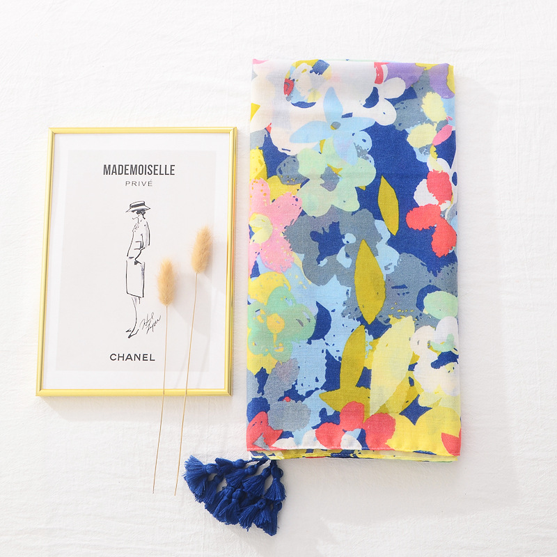 Comercio exterior transfronterizo artístico bufanda de seda del todo fósforo chal protector solar largo Margarita colorida impresa bufanda de borla de algodón y lino