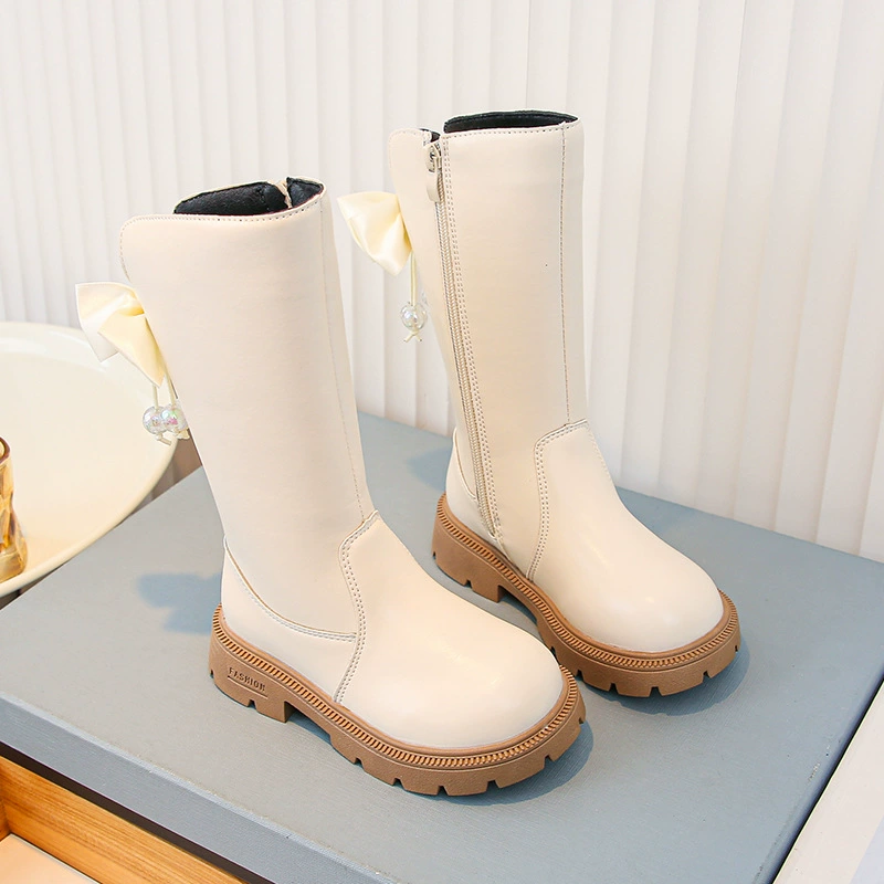 Детские милые и стильные сапоги с жемчужным бантом, новинка осени-зимы 2024, простые и элегантные модные сапоги для девочек
