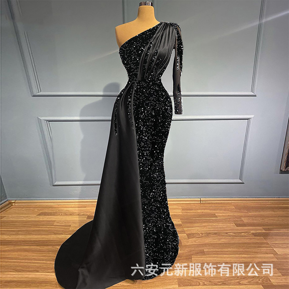 Europa y los Estados Unidos comercio exterior Amazon AliExpress Wish damas veludo largo un hombro de manga larga satén de cola de pescado vestido de boda