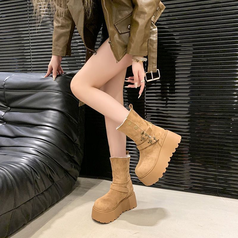 英伦风松糕厚底中筒靴子女2025秋冬季新款保暖皮带扣女士雪地靴子|undefined