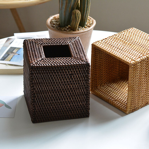 Cross-border export of Nordic rattan Nordic retro creative desktop living room and dining room wooden square tissue box storage