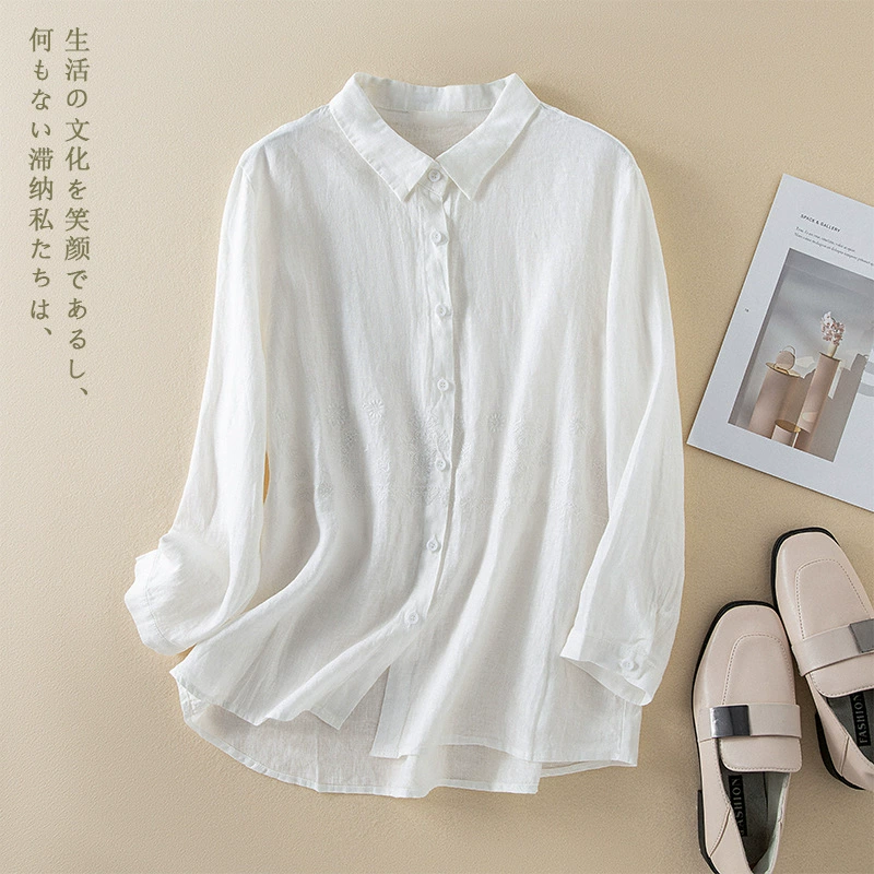 Цветочная вышивка рубашка с длинными рукавами осенний новый женский хлопок и конопля