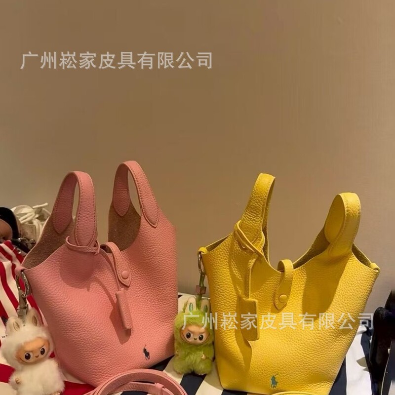 Cross-Border Polo Basket Bag with Lychee Pattern, First-Layer Cowhide Leather Bucket Bag, Suede Shoulder Crossbody Tote Handbag for Women