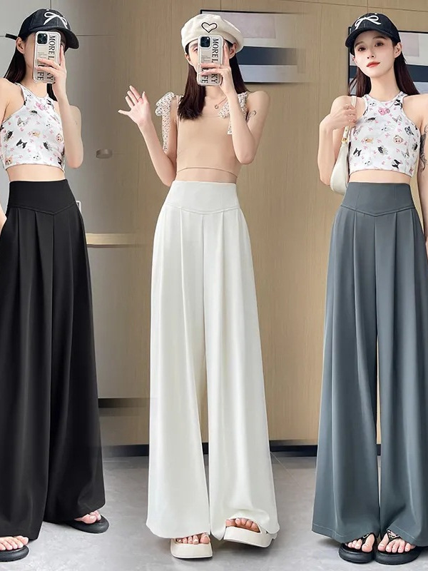 Pantalones de traje gris de alta calidad para mujeres de verano delgados pantalones de piernas anchas abdominales de cintura alta colgante sensación suelta de toallas casuales