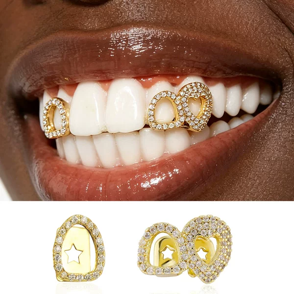 European and American Style Hollow Heart-Shaped Gold-Plated Dental Braces, Double Hollow Combination Fake Teeth, Halloween Versatile Trendy Dental Accessories
