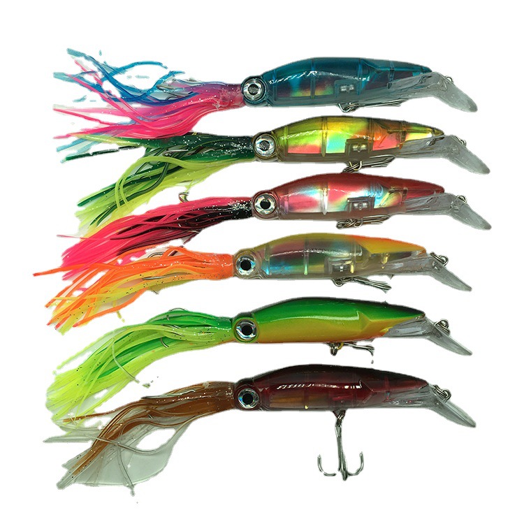 6 Pcs Large Simulation Squid Fishing Lures Baits Squid Skirts Hard Fishing Lures Lifelike Swimbait Octopus Bait Trolling Lures Saltwater with 2 Treble Minnow Hooks