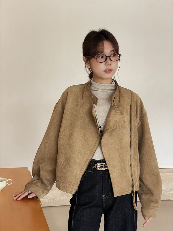 【麂棕漫迹】歌铭美式复古仿麂皮绒外套女装秋季新款机车服N429C|undefined