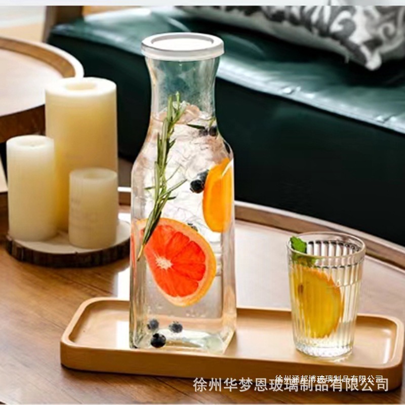 跨境1L大口径方饮料瓶透明玻璃果汁牛奶瓶塑料盖玻璃瓶分装罐瓶