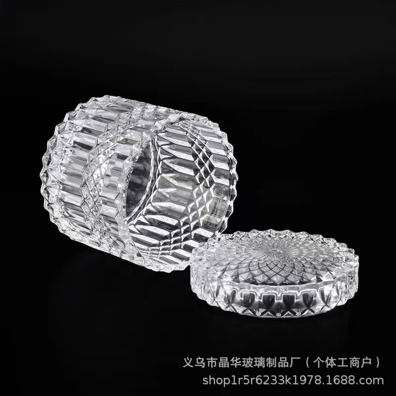 Taza de vidrio transparente de vidrio cristal con tapa de taza de vela de incienso con patrón de relieve conjunto