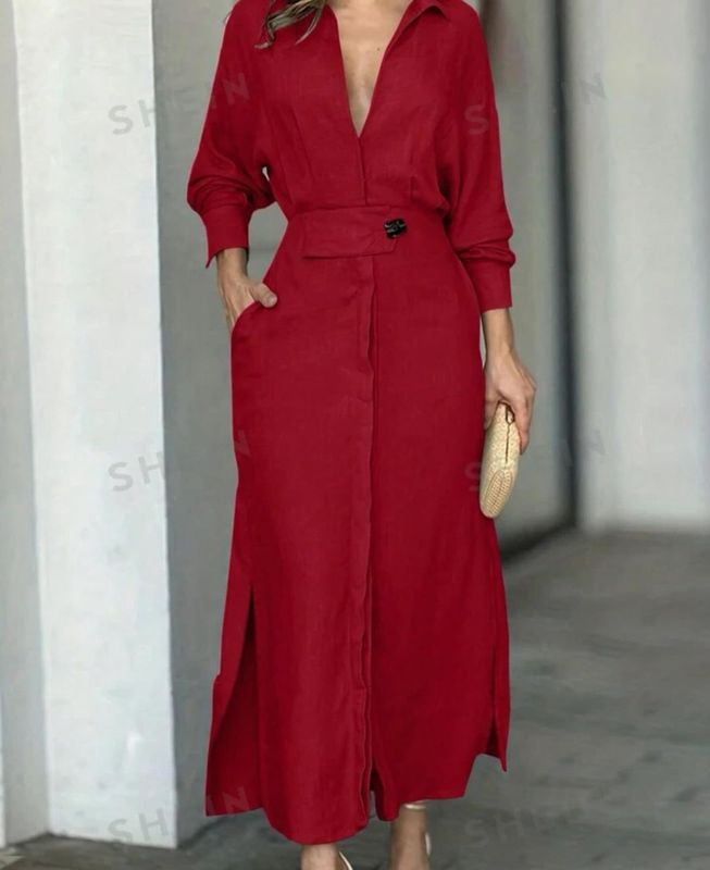 欧美亚马逊外贸女装跨境蓝色连衣裙气质优雅春夏通勤长袖连衣裙|undefined